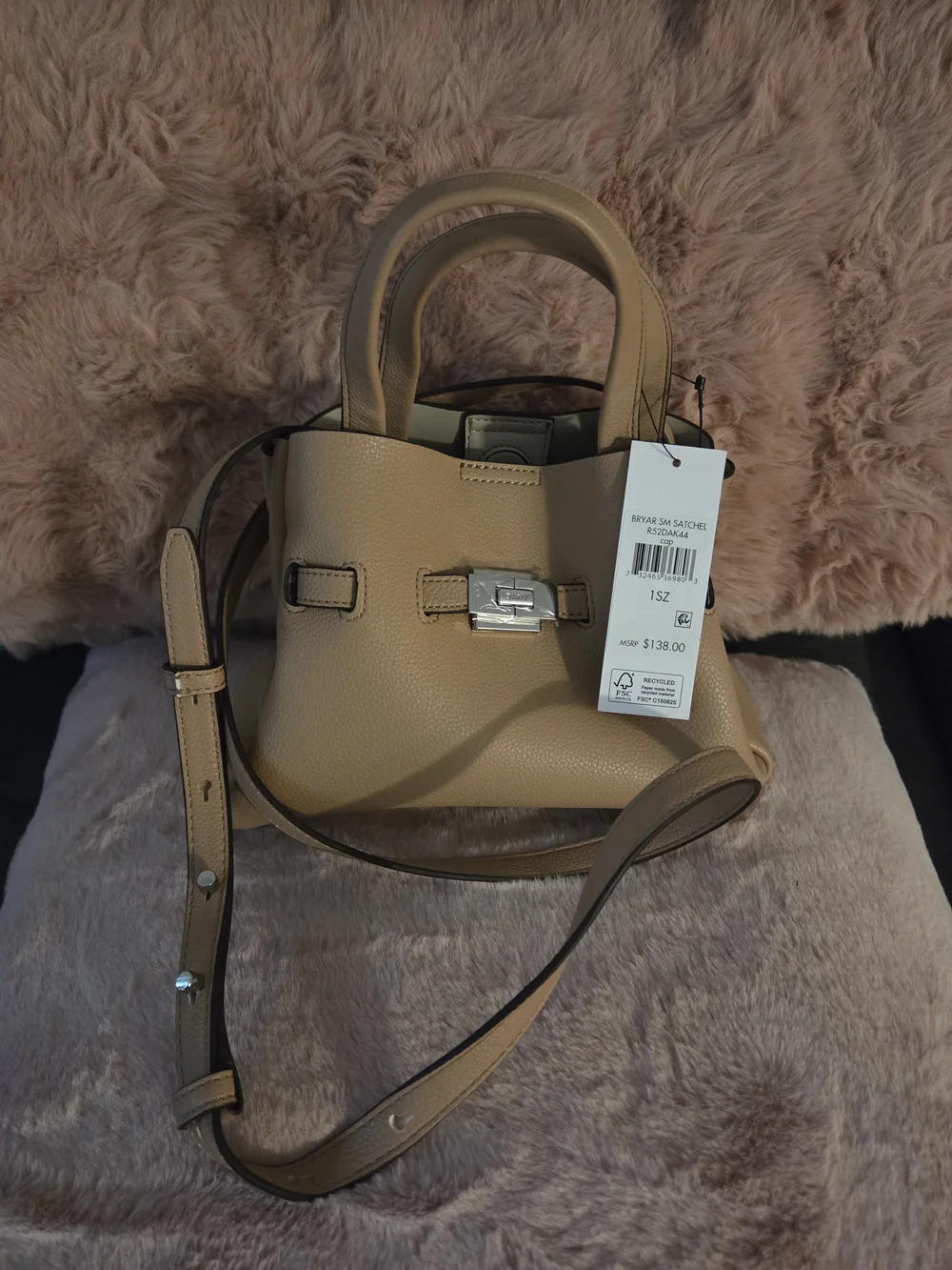 DKNY Pebbled Satchel in Beige-Tan with Silver Hardware